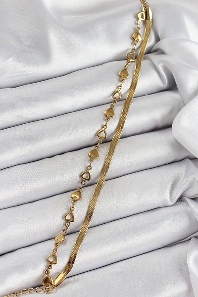 BESKAR 316L Steel Gold Color Heart Chain and Italian Chain 2-Piece Women's Bracelet