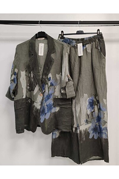 della moor Women's Khaki Italian Floral Patterned Linen Suit with Jacket