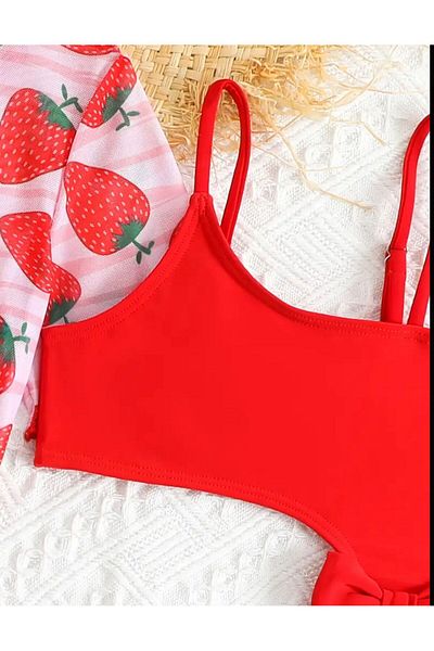 3b kids Children's Bikini Swimsuit Mayokini Strawberry Pattern Bikini Suit Pareo Set