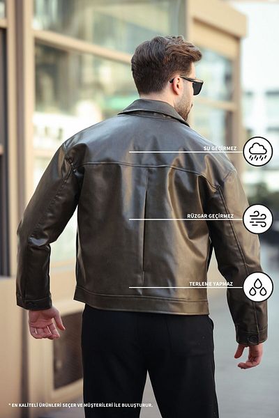 KOCCI Ανδρικό δερμάτινο μπουφάν με κουμπιά oversize / Αδιάβροχο, Άνετη εφαρμογή, Προσαρμοσμένη εφαρμογή