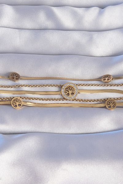 NEZADE STORE 316L Steel Gold Color Italian Chain Detailed Multiple Bracelet with Zircon Stone and Tree of Life Design