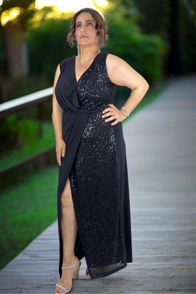 yagmurberen ΒΡΑΔΙΝΟ ΦΟΡΕΜΑ KRUVAZE CUT PAILLETTED DETAIL SANDY DRAPED ΜΕΓΑΛΟ ΜΕΓΕΘΟΣ ΙΑΠΩΝΙΚΟ ΜΑΝΙΚΙΟ (ΑΧΕΡΟΥΜΑ)