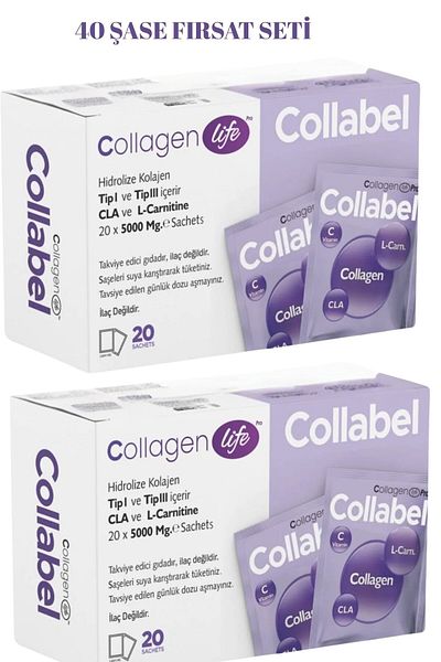 COLLAGEN LIFE Collabel Type 1 - Type 3 40 Sachets Containing Collagen, L-Carnitine, Glucomanan, Bilberry
