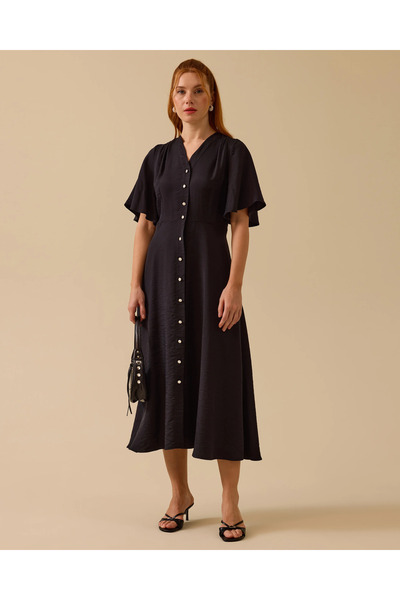 SEÇİL Düğme Detaylı Volan Kol Midi Elbise