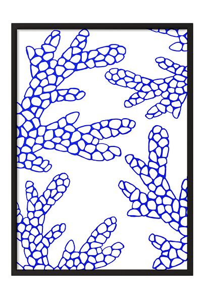 Postifull Black Framed Painting, Coral, Pattern, Illustration, Blue, White Color Poster, 2025 Summer Selection, No:10