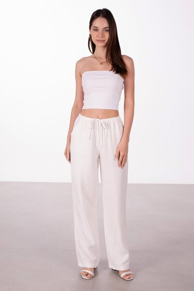BARRELS AND OIL Linen Wide Leg Trousers with Tie Waist - White