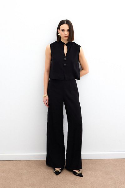 Sateen High Waist Linen Trousers - Black