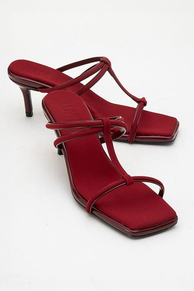 LuviShoes Mocha Burgundy Square Toe Thin Strap Women's Heeled Slippers