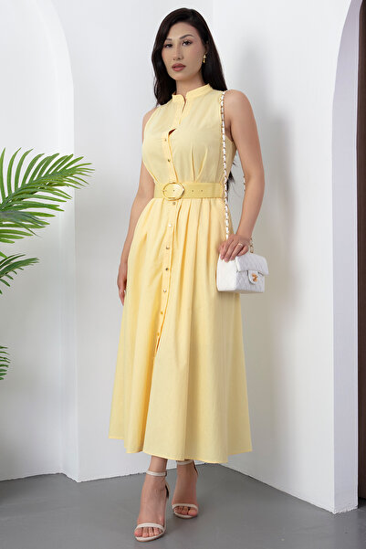 PULLIMM Floor-Length Buttoned Leather Belt Dress Grs3747