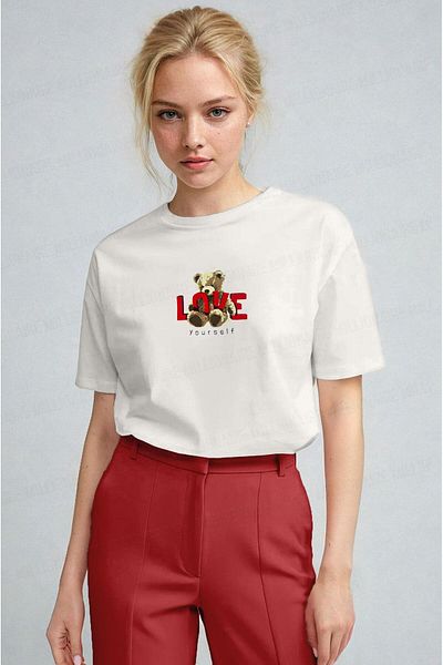 Millionaire Women's Ecru White Love Teddy Bear Teddy Bear Print Regular Fit Regular Fit T-Shirt