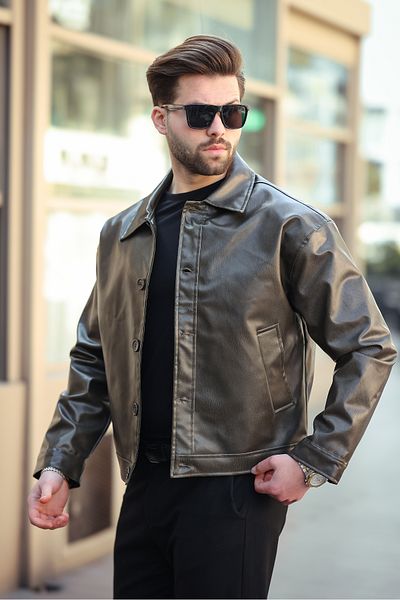 KOCCI Ανδρικό δερμάτινο μπουφάν με κουμπιά oversize / Αδιάβροχο, Άνετη εφαρμογή, Προσαρμοσμένη εφαρμογή