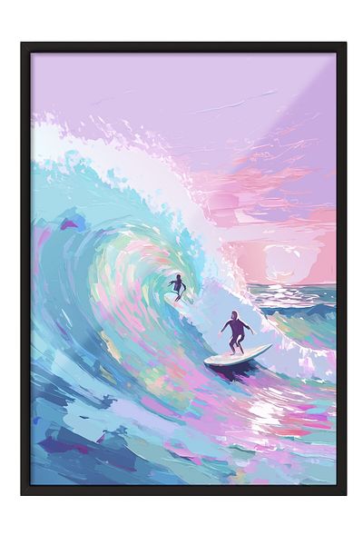 Postifull Black Framed Painting, Surfer, Wave, Ocean, Illustration, Impressionist, Blue, Pink Color Poster,