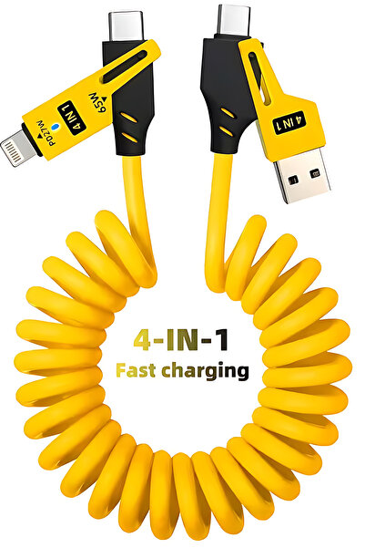Fibaks 4in1 PD 65 Watt Type-C/27 Watt iPhone Spiral Kablo Kırılmaz Uç 1.5 Metre Hızlı Şarj ve Data Kablosu