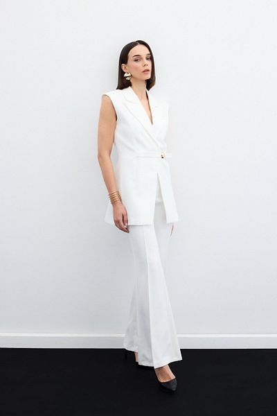 Sateen Long Vest with Buckle Detail - Ecru