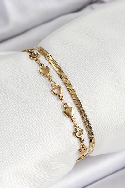 BESKAR 316L Steel Gold Color Heart Chain and Italian Chain 2-Piece Women's Bracelet