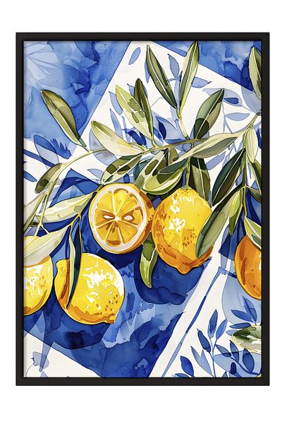Postifull Black Framed Painting, Lemons, Leaves, Background, Watercolor, Illustration, Blue, Yellow Color Poste