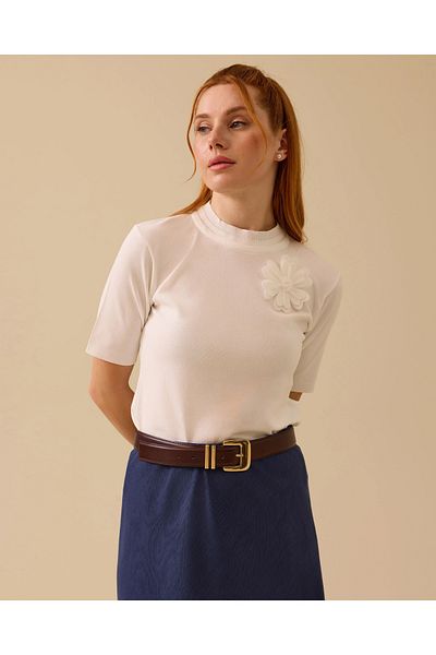 SEÇİL Flower Appliqued Crew Neck Knitwear Blouse