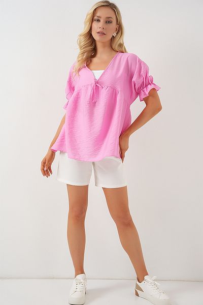 Bigdart Women's Front Lace-Up Short Sleeve Blouse 962 - Pink