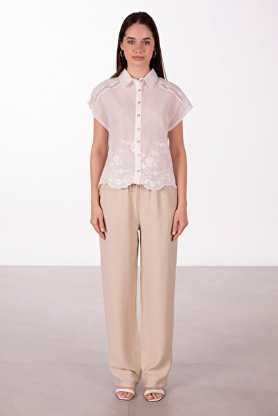 BARRELS AND OIL Linen Wide Leg Trousers with Tie Waist - Stone