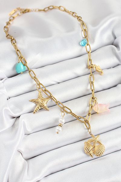 BESKAR 316L Steel Gold Color Sea Star and Seashell Concept Women's Necklace