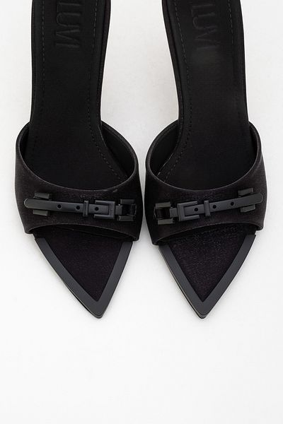 LuviShoes Odeon Black Satin Buckle Women's High Heel Slippers