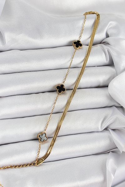 BESKAR 316L Steel Gold Color Black Clover Italian Chain 2-Piece Women's Bracelet