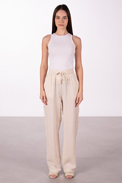 BARRELS AND OIL Beli Lastikli Müslin Bol Paça Pantolon - Taş