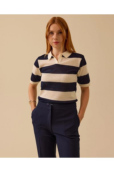 SEÇİL Striped Polo Neck Perforated Knitwear Blouse