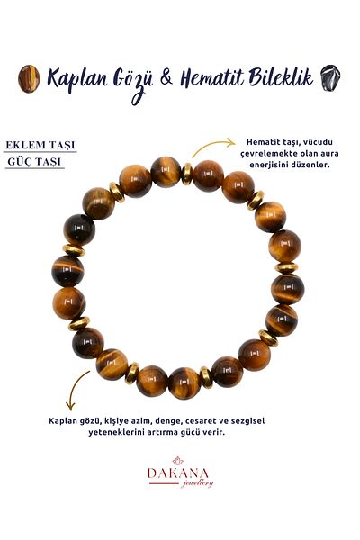 DAKANA JEWELLERY Certified 8 mm Tiger Eye and Yellow Cylinder Hematite Natural Stone Flexible Bracelet