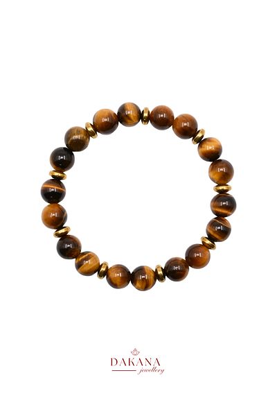 DAKANA JEWELLERY Certified 8 mm Tiger Eye and Yellow Cylinder Hematite Natural Stone Flexible Bracelet