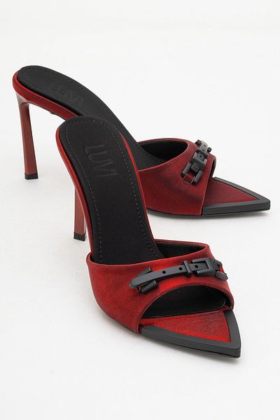 LuviShoes Odeon Burgundy Satin Buckle Women's High Heel Slippers