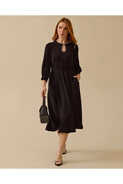 SEÇİL Taşlı Pencere Detaylı Cepli Elbise