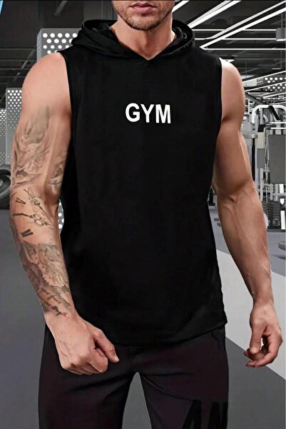 NO 601 تيشيرت رجالي أسود بقلنسوة بدون أكمام مطبوع عليه صور رياضية