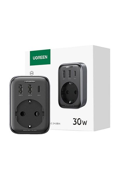 Ugreen adaptor priză, 220V, AC 3680W, încărcător rapid 2x USB-A, 1x USB-C, 30W, negru