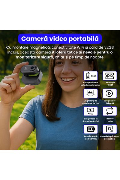 Spionescu Mini 1080P body camera with night vision, body cam, 180° rotating clip, magnetic mount