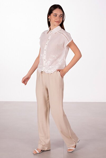 BARRELS AND OIL Linen Wide Leg Trousers with Tie Waist - Stone