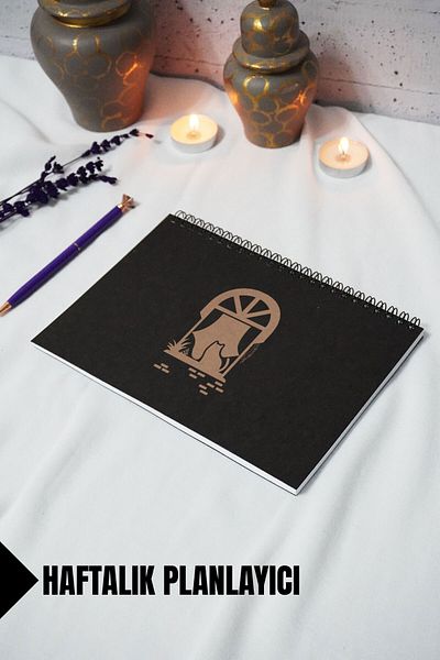 markcat A5 Cat Black Kraft Cover Notebook - Weekly Planner - 52 Sheets 15X21 cm - Cat on the Window