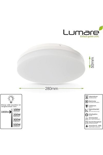 Lumare Led Ceiling Light, 24 W, 2200 Lm, Diameter 280 Mm, Round, 3000 K Warm White