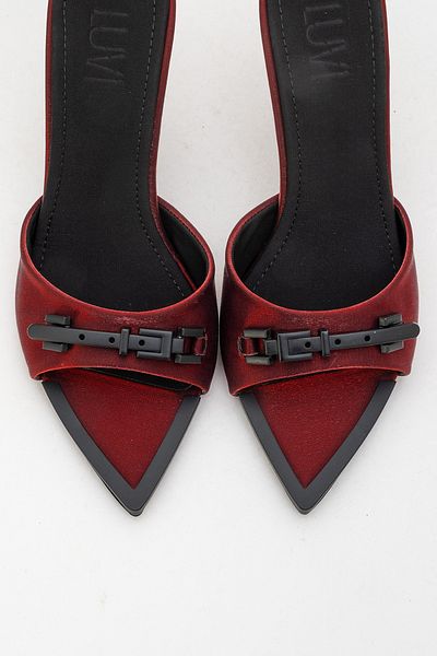 LuviShoes Odeon Burgundy Satin Buckle Women's High Heel Slippers