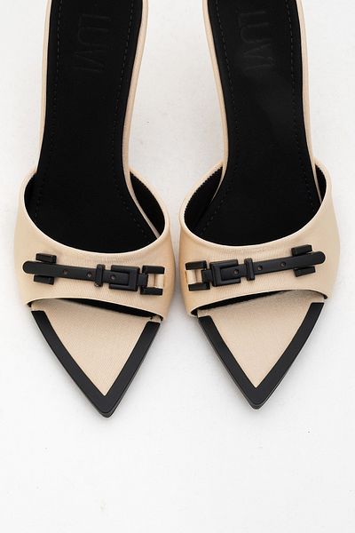LuviShoes Odeon Beige Satin Buckle Women's High Heel Slippers