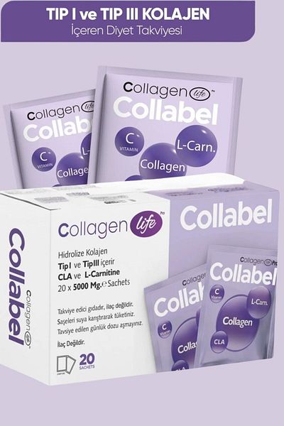 COLLAGEN LIFE Collabel Type 1 - Type 3 Collagen, L-Carnitine, Glucomanan, Contains 20 Sachets of Bilberry