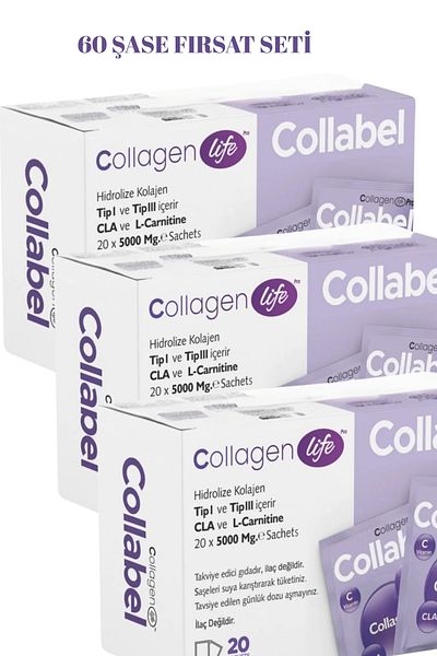 COLLAGEN LIFE Collabel Type 1 - Type 3 Collagen, L-Carnitine, Glucomanan, 60 Sachets Containing Bilberry