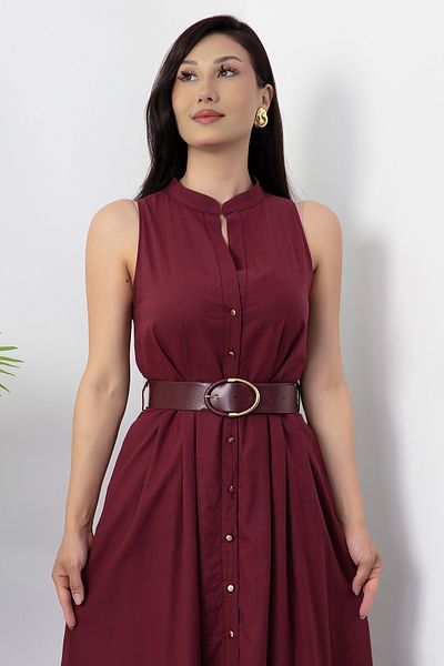 PULLIMM Floor-Length Buttoned Leather Belt Dress Grs3747
