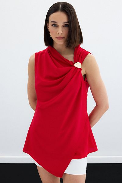 Sateen One Shoulder Accessory Blouse - Red