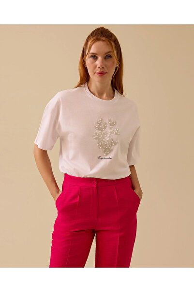 SEÇİL Kadın Taş Detaylı Baskılı T-Shirt - Beyaz