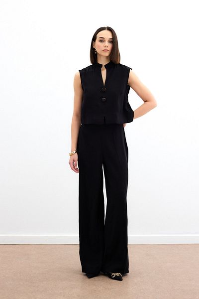 Sateen High Waist Linen Trousers - Black