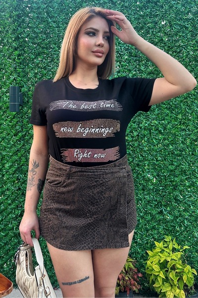 RICH GLAM Lettering Crystal Stone Plus Size Crew Neck Cotton Black Stylish Women's Blouse Short Sleeve T-Shirt T-Shirt