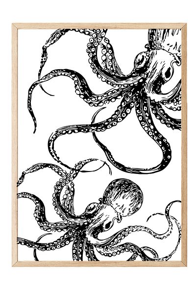 Postifull Wooden Framed Painting, Octopus, Illustration, Black, White Color Poster, 2025 Summer Selection, No:109840