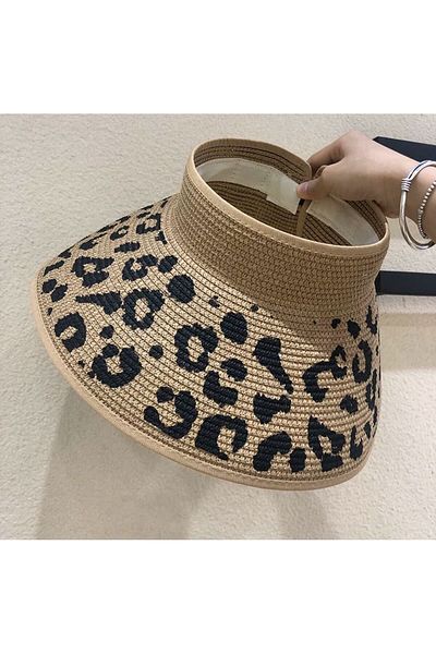 Axesoire 14711 Leopard Patterned Camel Wide Straw Open Top Hat