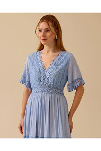 SEÇİL Dantel Detaylı Kısa Kollu Uzun Elbise